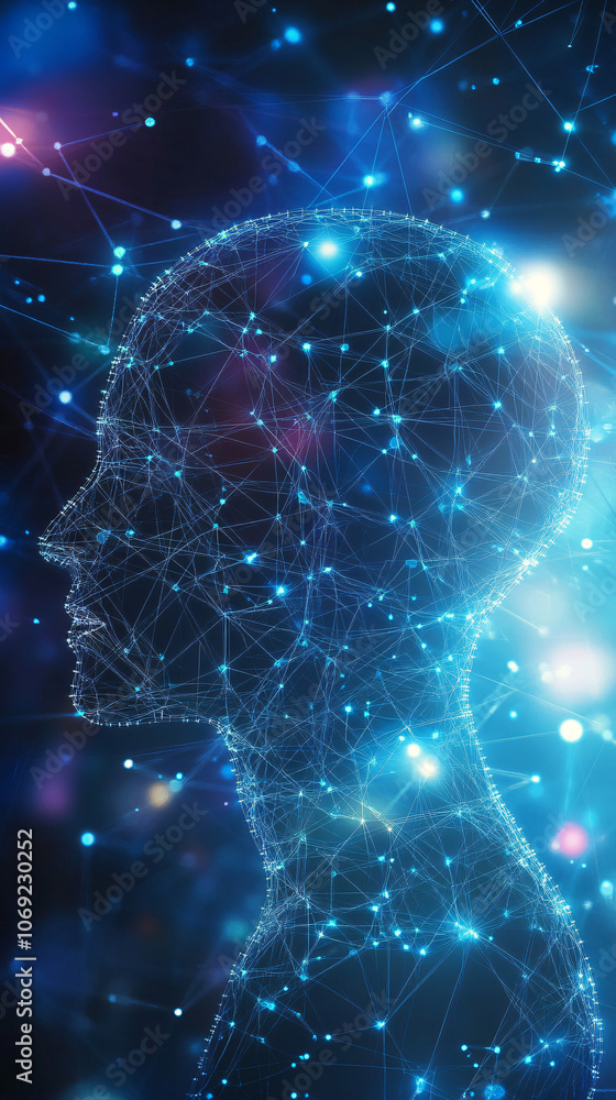 Aufkleber Nodes and connecting lines are forming a wireframe head to symbolize artificial intelligence