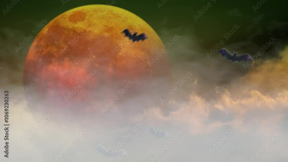 Wall mural halloween orange moon spooky bat flight 4k loop features bats flying upward from the bottom of the s