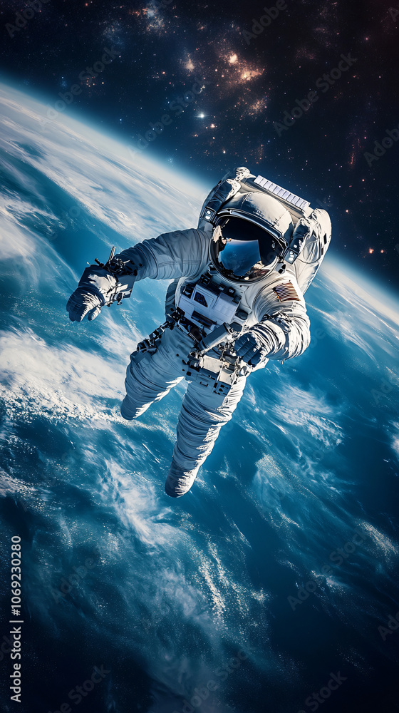 Poster Astronaut floating in the infinite space with earth and starry sky in the background