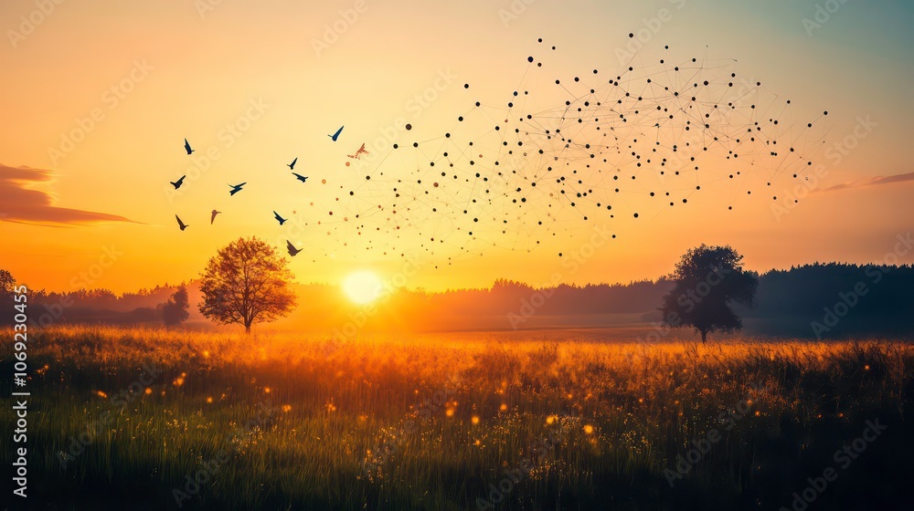 Poster freedom manner in nature sunset and graphical network connection background. idea for intelligence t