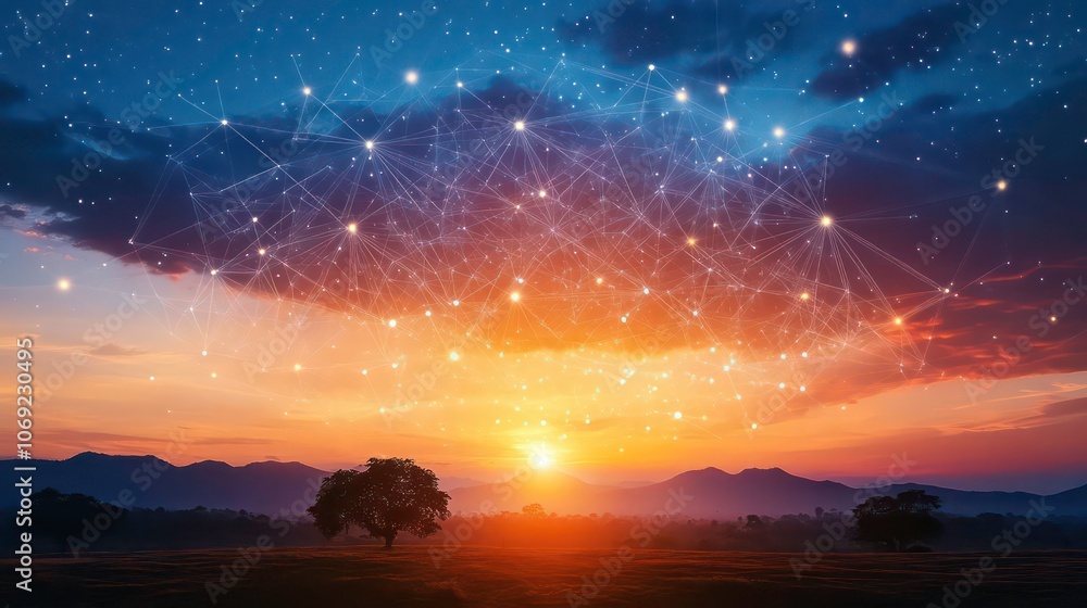 Poster freedom manner in nature sunset and graphical network connection background. idea for intelligence t