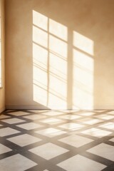 Sunlight streaming through windows onto a checkered tile floor