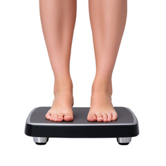 Woman standing on digital weight scale, feet close up on transparent background