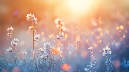 Quiet meadow at dawn with dew-covered grass, wildflowers, and the first rays of sunlight piercing through the gentle mist. The scene evokes tranquility and the fresh start of a new day.