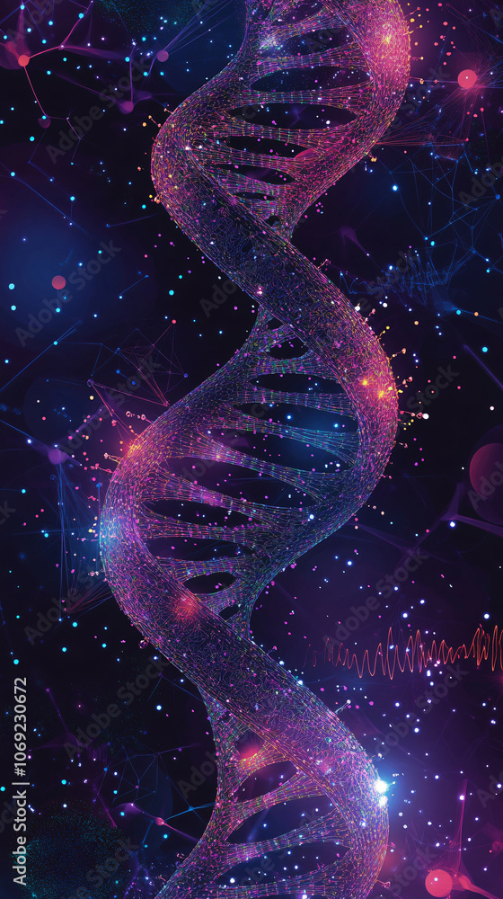 Poster glowing dna strand rotating on abstract background with network connection, concept of science and g