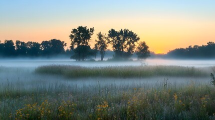 Obraz premium Quiet meadow at dawn with dew-covered grass, wildflowers, and the first rays of sunlight piercing through the gentle mist. The scene evokes tranquility and the fresh start of a new day.