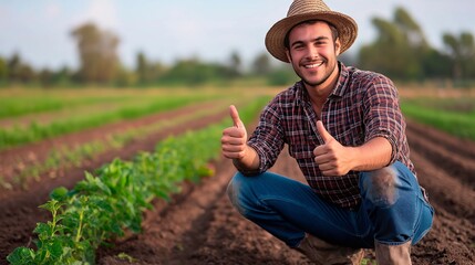 farmer showing thumbs up in field