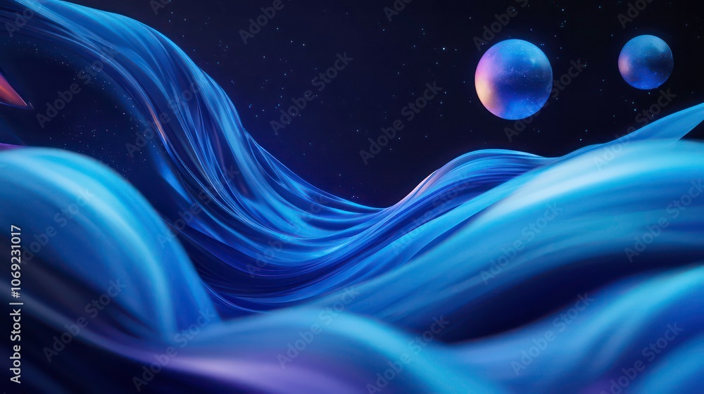 Aufkleber flowing blue waves and vibrant planets create a dynamic cosmic atmosphere in an abstract space scene