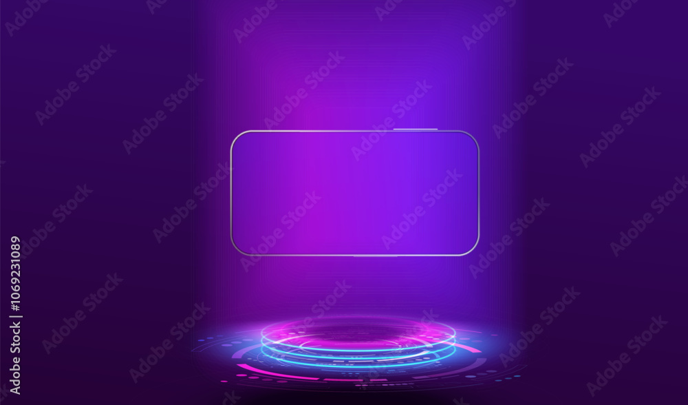 Poster mock up horizontal smartphone front view on podium with modern blue screen. technology game phone, e