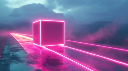 Floating cube with abstract highway patch, neon pink speed light trail, 3D rendering concept.