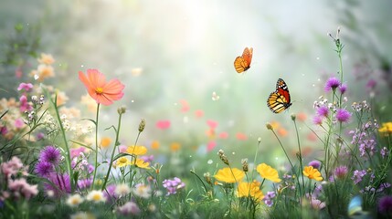 Quiet meadow filled with colorful wildflowers, butterflies fluttering about, and a soft, warm breeze. This serene scene captures the gentle beauty of nature in a tranquil setting.