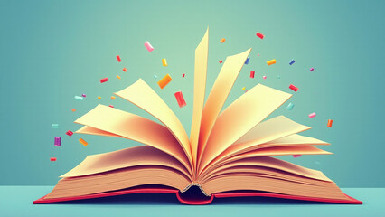 A colorful vector illustration of an open book with flying pages symbolizes education and learning in a fun creative way