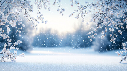 A serene winter landscape featuring snow-covered fields and delicate frost on branches, ideal for holiday cards, winter promotions, or calming decor.