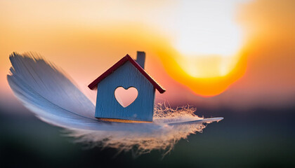 Miniature house with heart shape window. Sweet home concept. Family warmth, love and protection