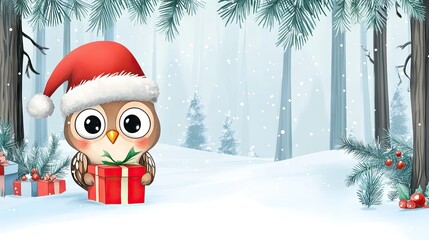 Cute Owl in Santa Hat with Gift Box