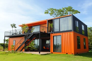 Modern orange and black shipping container home with large windows, second-floor terrace, and outdoor staircase, surrounded by green grass and trees under a clear blue sky