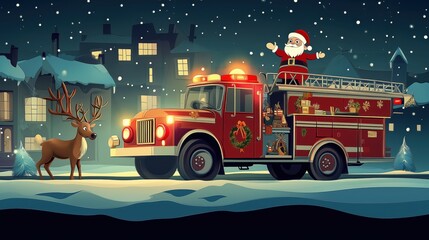 Santa Claus on a festive fire truck spreading holiday cheer in a snowy neighborhood at night