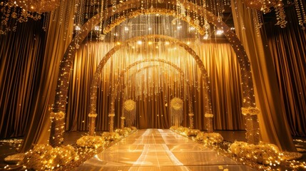 Obraz premium A magnificent gold stage adorned with glittering lights and luxurious decorations