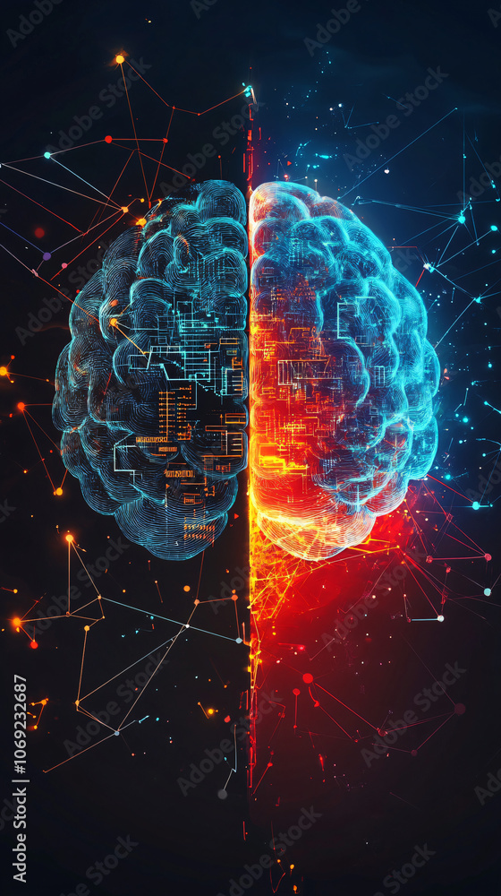 Aufkleber glowing human brain divided into two hemispheres - one blue and one red - representing artificial in