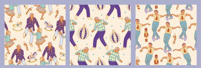 Vintage collection of illustrations of people at a party. Vintage characters in dance poses. Christmas white seasonal ornament set for festival, event, holiday poster