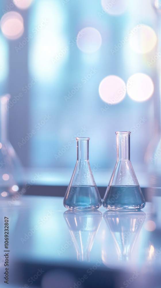 Poster In a laboratory setting, two erlenmeyer flasks with blue liquid are placed on a reflective surface