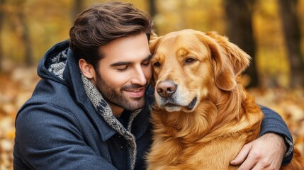 Man embracing golden retriever in autumn park