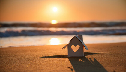 Miniature house with heart shape window. Sweet home concept. Family warmth, love and protection
