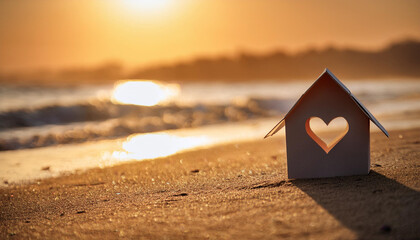 Miniature house with heart shape window. Sweet home concept. Family warmth, love and protection