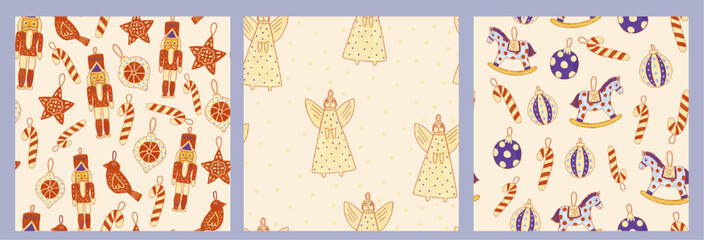 Collection of white seamless vintage seasonal patterns. Ornament Christmas toys, decorations, balls, bubbles, snowflakes. Holiday gift paper background