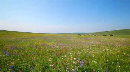 Obraz premium Quiet meadow with grazing horses amidst blooming wildflowers under a clear blue sky. A tranquil and picturesque scene capturing the essence of rural serenity.