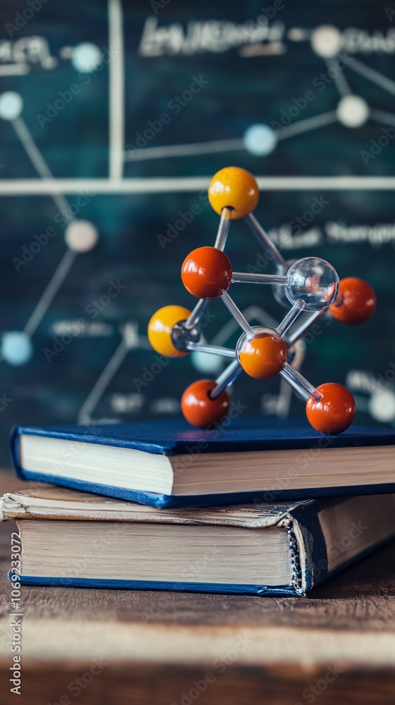 Aufkleber molecular model placed on top of books with a background of scientific formulas on a blackboard