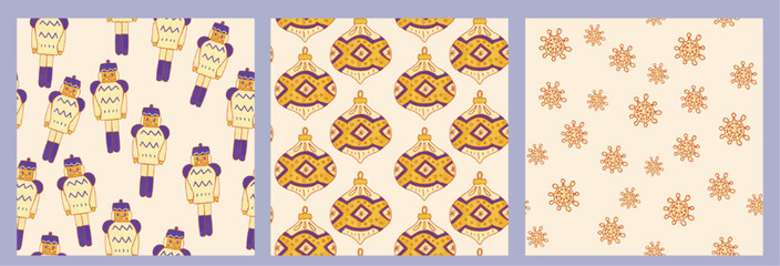 Collection of white seamless vintage seasonal patterns. Ornament Christmas toys, decorations, balls, bubbles, snowflakes. Holiday gift paper background