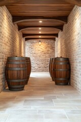 Cozy brick wine cellar with wooden barrels