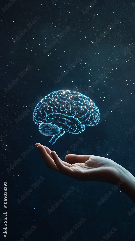Poster businessman holds a shining brain symbolizing artificial intelligence and machine learning
