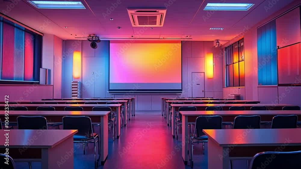 Poster a vibrant classroom setup with illuminated screens and seating in an educational environment