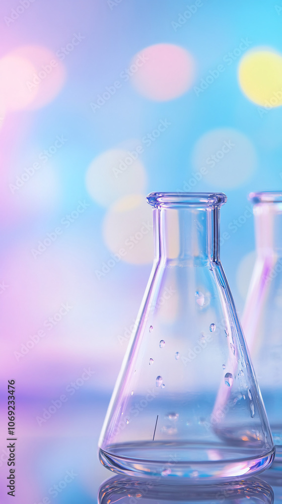 Poster Erlenmeyer flask on reflective surface with colorful bokeh background
