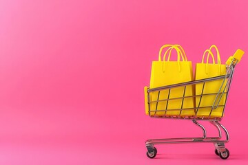 A vibrant pink background with a shopping cart filled with bright yellow bags, suggesting retail, shopping, and excitement.