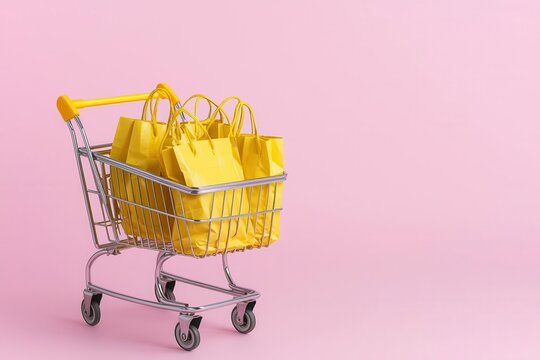 A cheerful shopping cart filled with yellow bags is set against a vibrant pink background, conveying a fun and playful shopping experience.