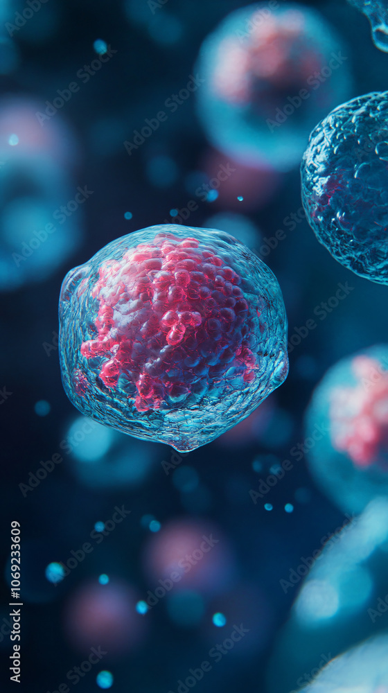 Leinwandbilder Close-up view of a coronavirus particle in deep blue, showcasing its microscopic structure and pathogenic nature. Illustration highlights the importance of healthcare in combating disease