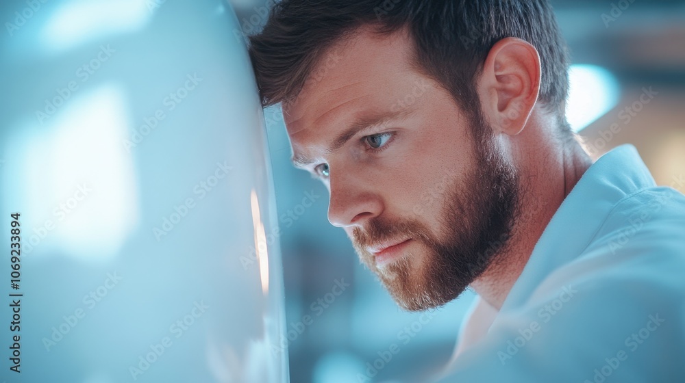 Poster pensive man with beard gazing thoughtfully at computer screen