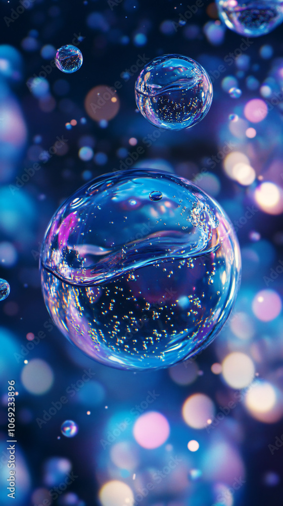 Poster Multiple transparent bubbles are floating in the air with a blue bokeh background