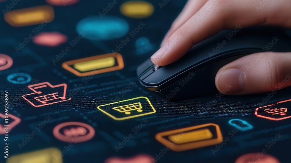 Poster a hand using a computer mouse over a vibrant digital interface featuring colorful shopping icons.
