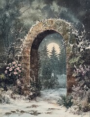 Fototapeta premium Calm Atmosphere Vintage Winter Forest with Stone Arch l Old Distressed Texture Dark Night Landscape in Nature l Trees under the Moonlight with Snowy Weather
