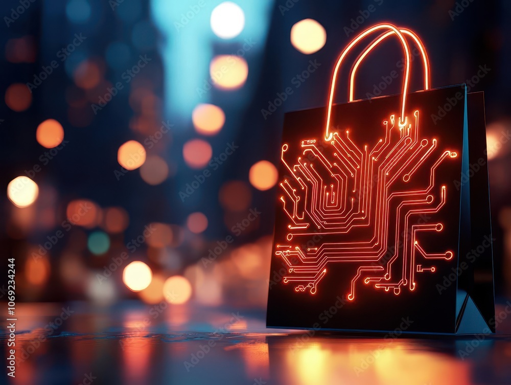 Poster a glowing shopping bag adorned with circuit patterns, set against a blurred urban background filled 