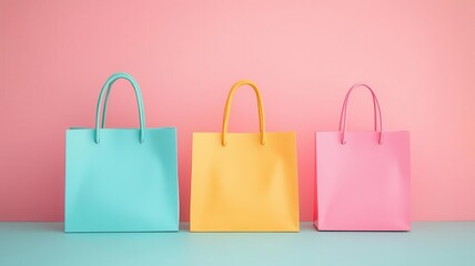 Three colorful shopping bags—turquoise, yellow, and pink—stand against a pastel backdrop, offering a vibrant touch to any shopping experience.