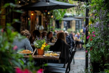 Charming outdoor dining scene filled with lively conversations. Flowers enhance the warm atmosphere. Perfect for promoting restaurants or cafes. Generative AI