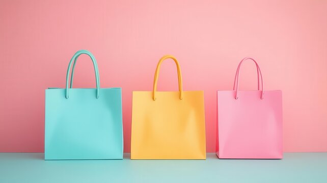 Three colorful shopping bags—turquoise, yellow, and pink—stand against a pastel backdrop, offering a vibrant touch to any shopping experience.