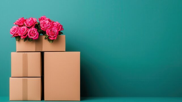 A stack of brown boxes with vibrant pink roses placed atop, set against a calming turquoise background. - Powered by Adobe