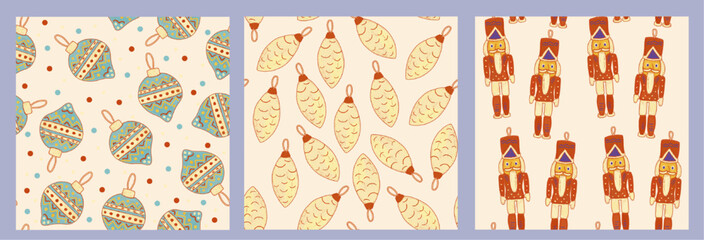 Collection of white seamless vintage seasonal patterns. Ornament Christmas toys, decorations, balls, bubbles, snowflakes. Holiday gift paper background
