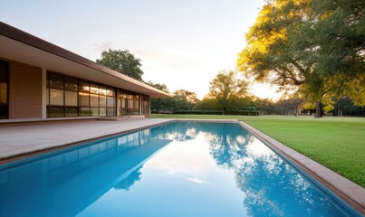 Fototapeta premium Serene pool and modern home surrounded by lush greenery at sunset